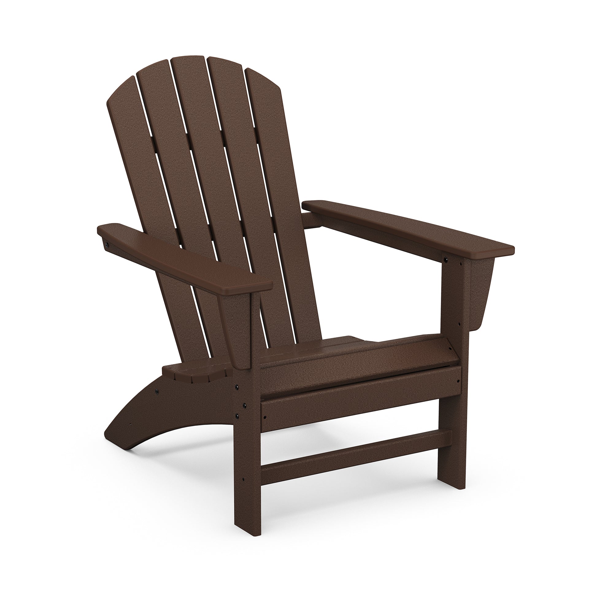 A brown, classic POLYWOOD Nautical Adirondack chair made of plastic, depicted on a plain white background, showcasing its high back and wide armrests.