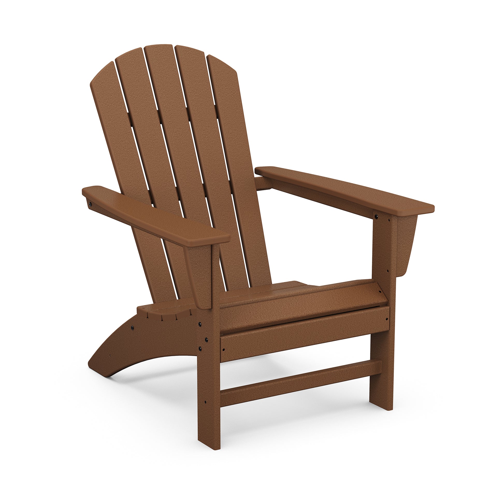 A brown eco-friendly POLYWOOD Nautical Adirondack chair made of plastic, shown in a three-quarter view angle, isolated on a white background.
