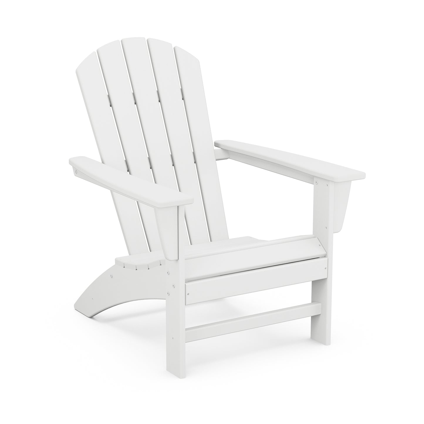 Eco-friendly POLYWOOD Nautical Adirondack Chair featuring wide armrests and a slatted back, side view.
