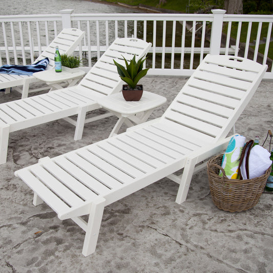 POLYWOOD Nautical Armless Chaise Lounges with matching side table showcased on a patio, highlighting durable, American-made outdoor furniture.