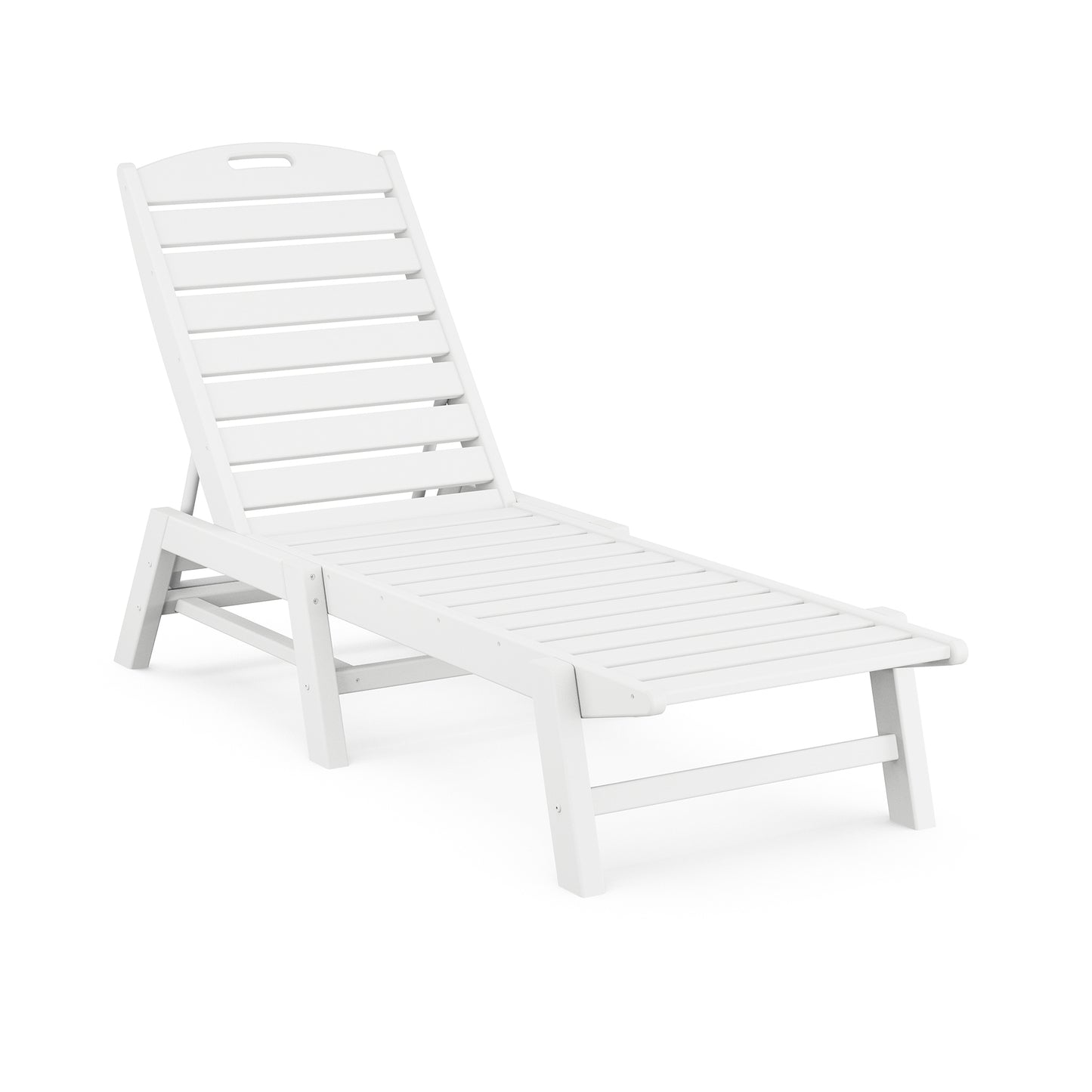 White POLYWOOD Nautical Armless Chaise Lounge with slatted design, featuring a comfortable reclined backrest and footrest.