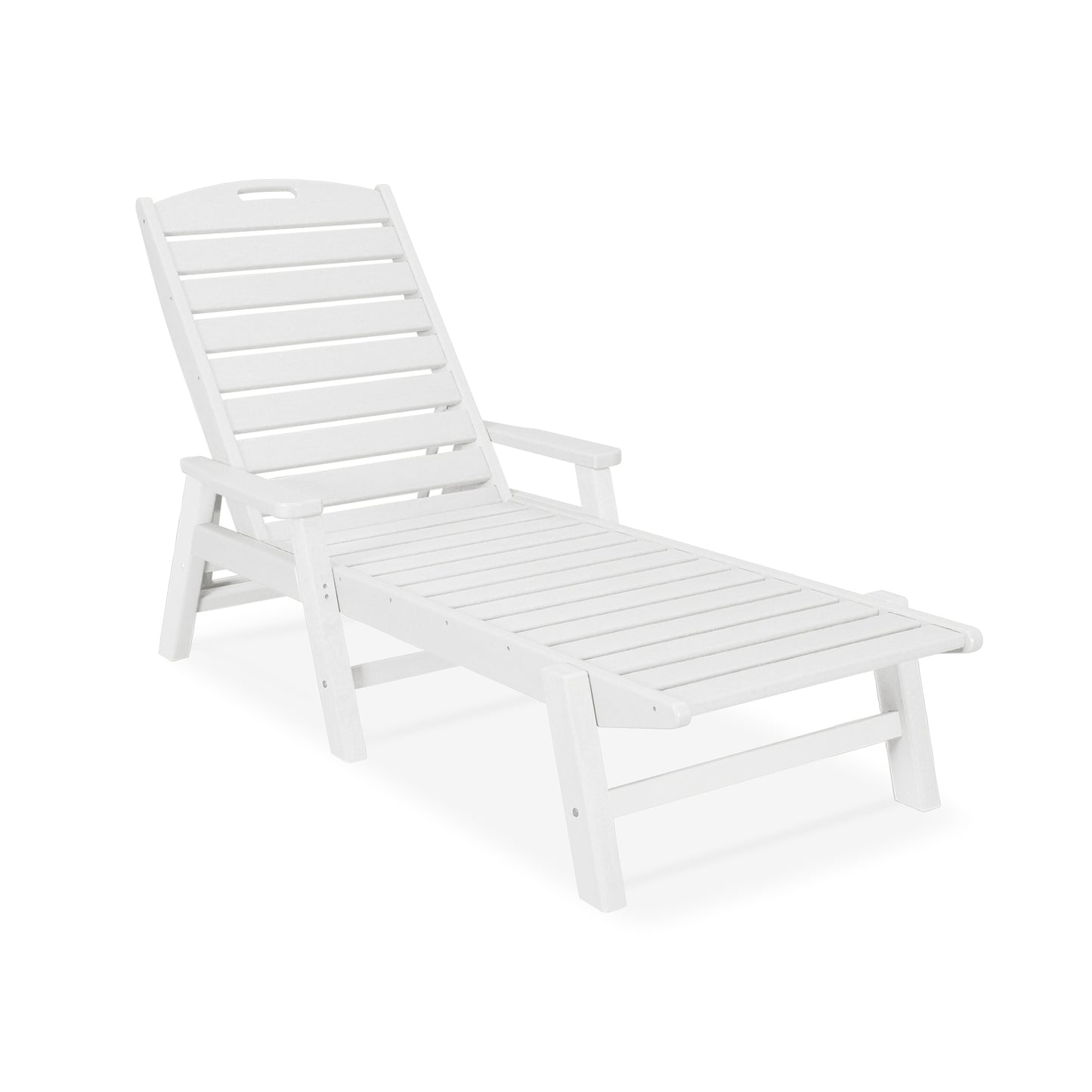 White POLYWOOD Nautical Chaise with Arms featuring a slatted design and armrests.