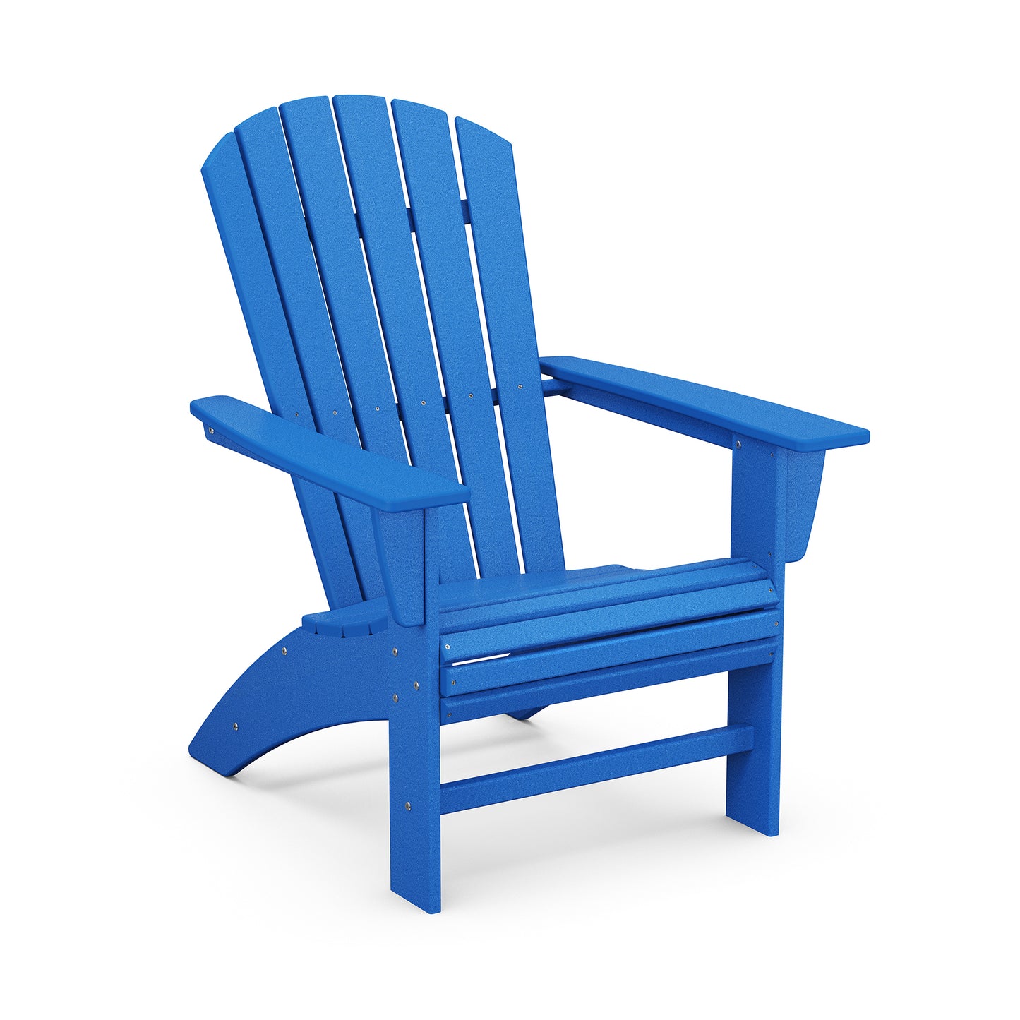 Bright blue POLYWOOD Nautical Curveback Adirondack Chair featuring a slatted back and wide armrests for comfortable outdoor relaxation.
