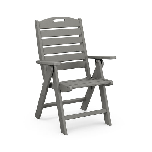 A gray POLYWOOD Nautical Highback Folding Dining Chair with slatted seat and backrest, featuring armrests, photographed against a white background.