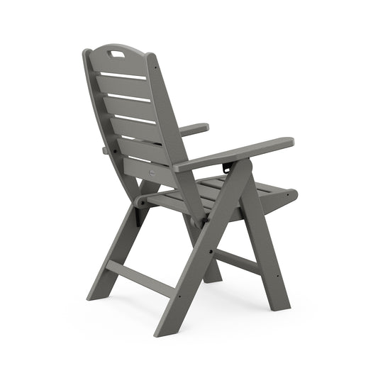 Gray POLYWOOD Nautical Highback Folding Dining Chair with slatted backrest and armrests, made from recycled plastic, angled view.