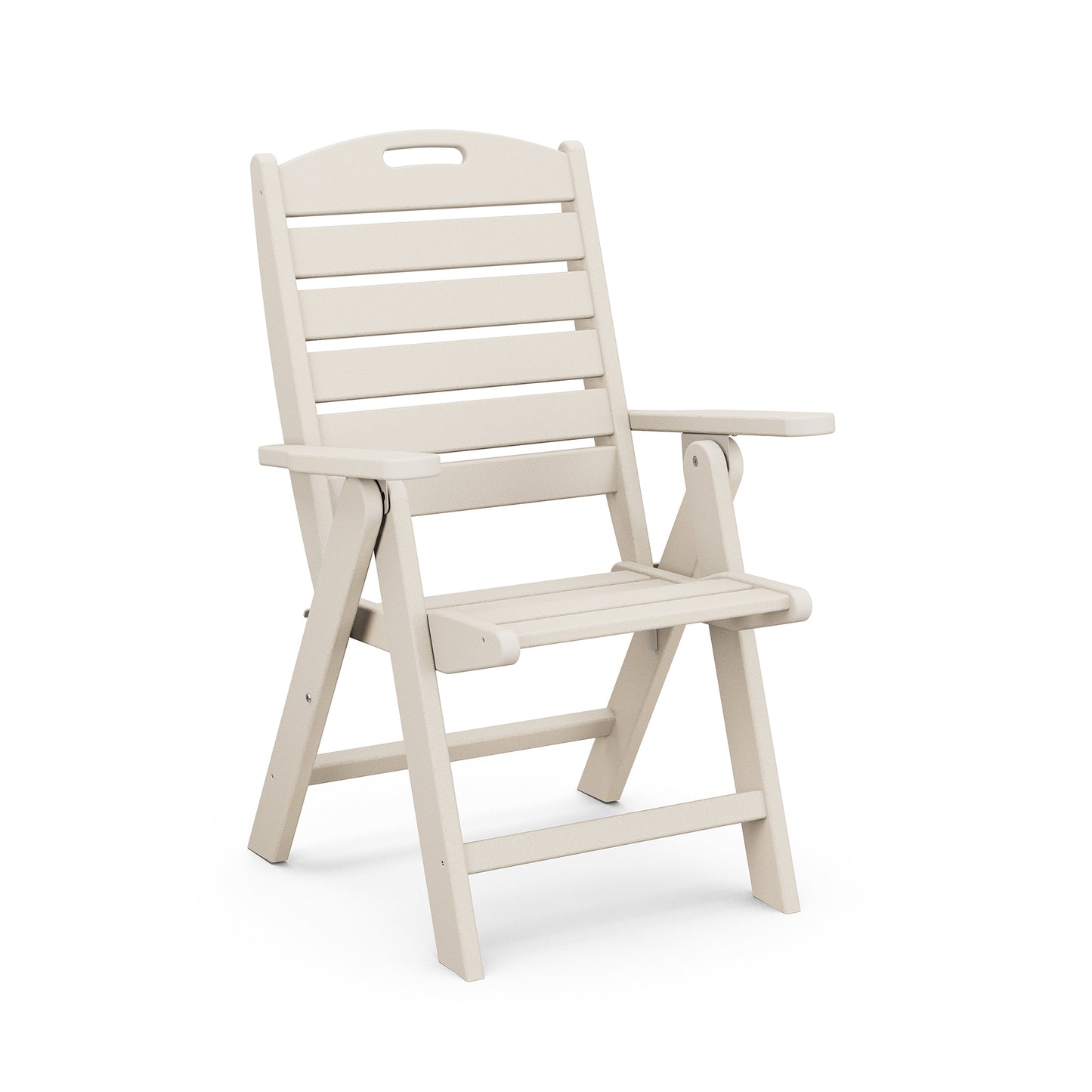 A beige POLYWOOD Nautical Highback Folding Dining Chair made of slatted recycled plastic, featuring armrests and a slightly curved back, set against a plain white background.