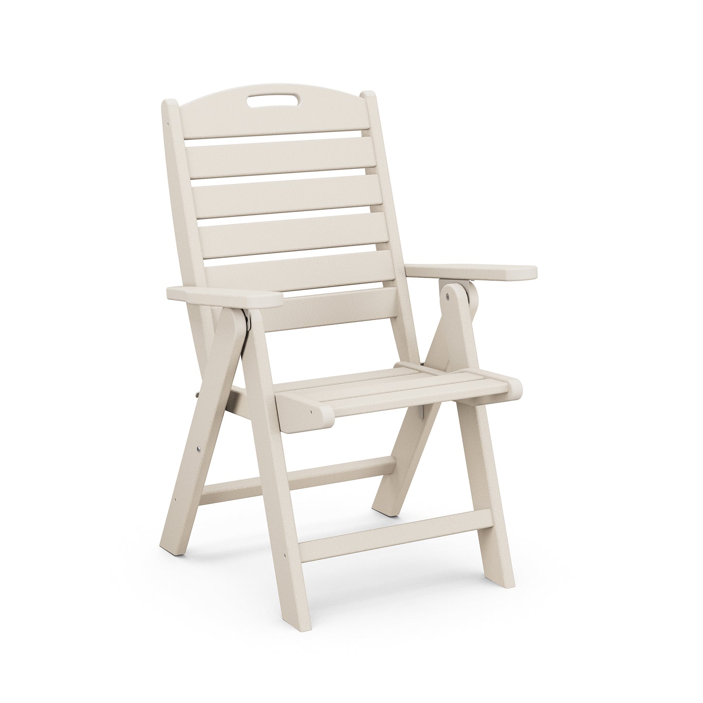 Beige POLYWOOD Nautical Highback Folding Dining Chair with armrests and a slatted backrest.