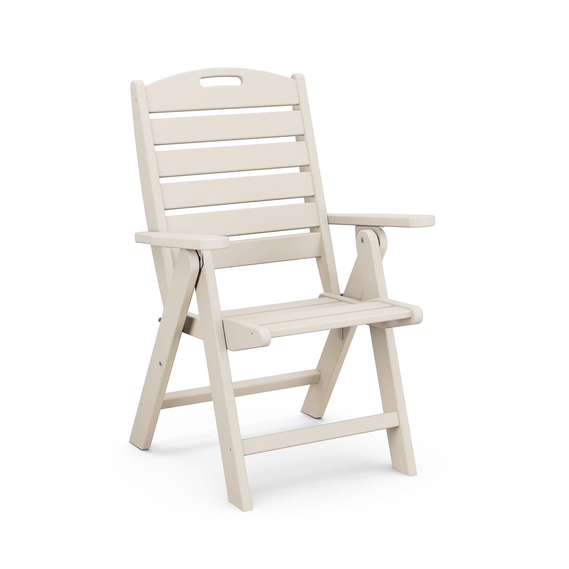 Beige POLYWOOD Nautical Highback Folding Dining Chair with armrests and a slatted backrest.