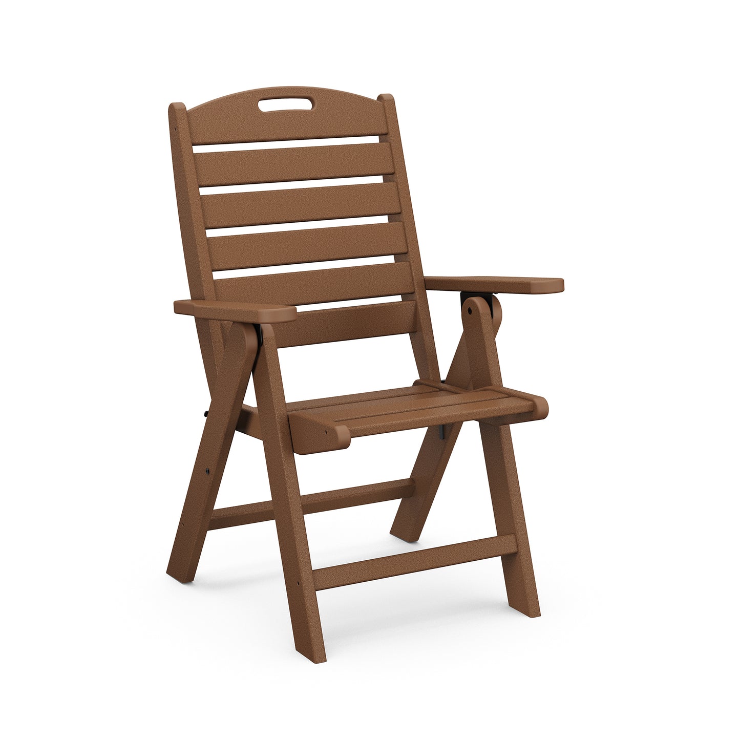 POLYWOOD Nautical Highback Folding Dining Chair in brown wood with slatted backrest and armrests.