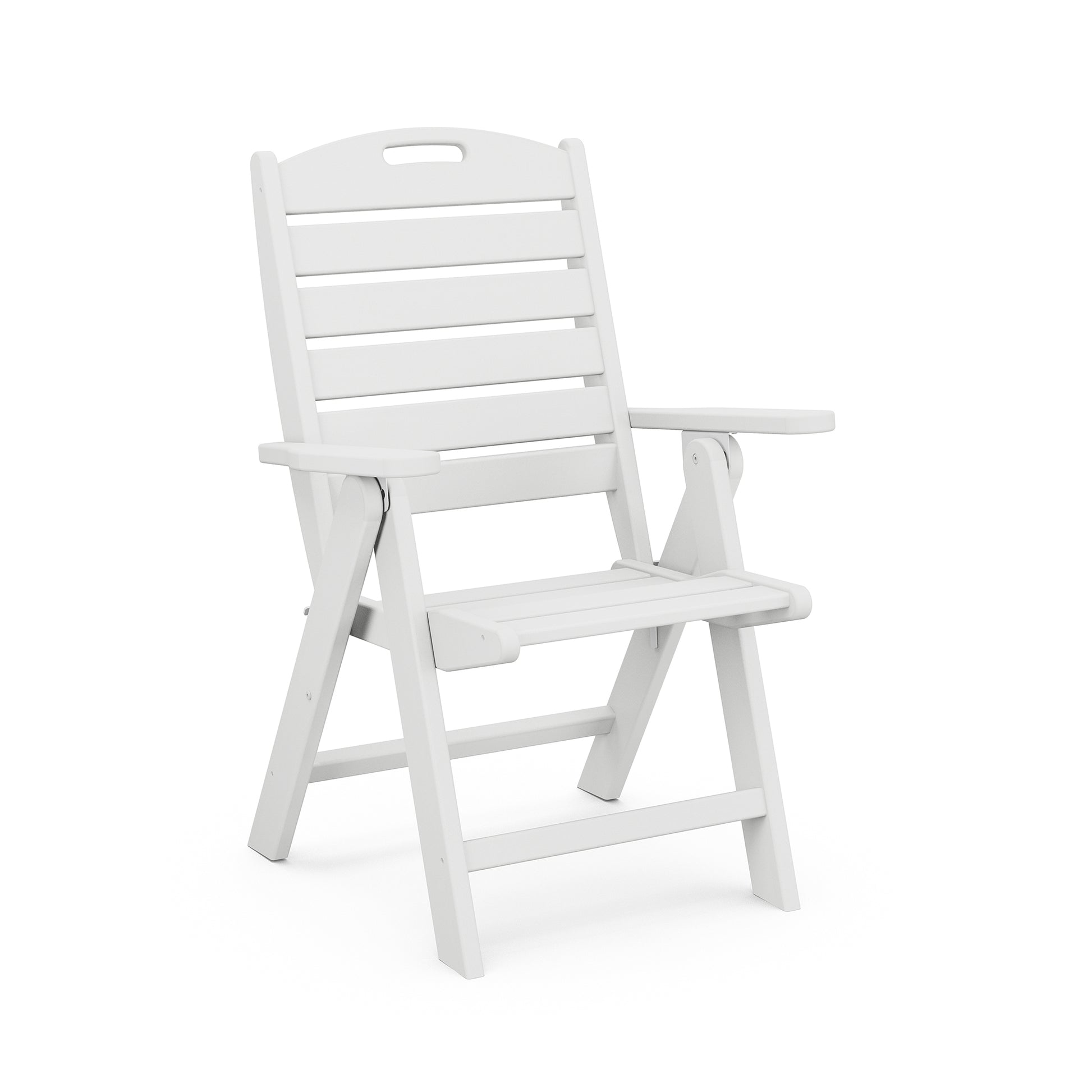 A white POLYWOOD® Nautical Highback Folding Dining Chair with armrests set against a white background.