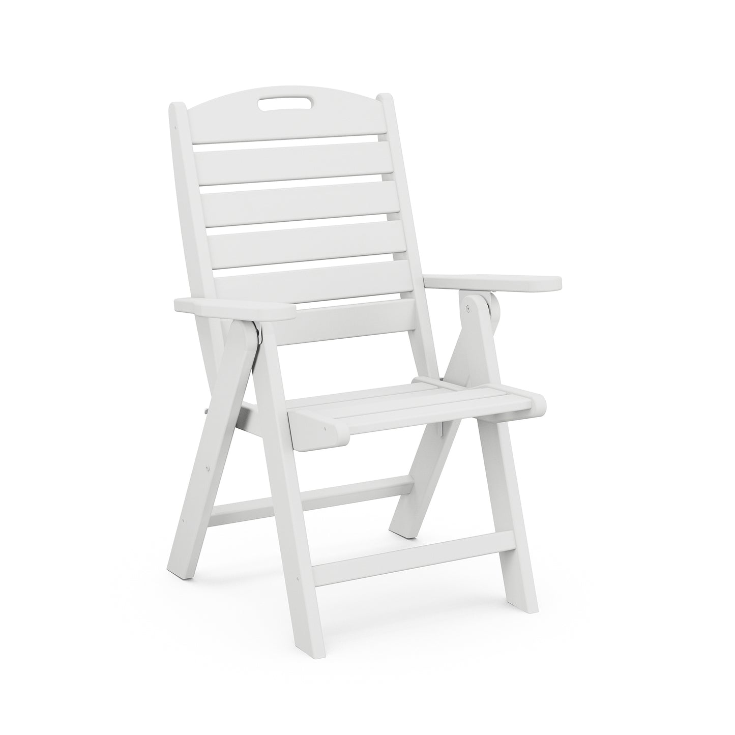 White POLYWOOD Nautical Highback Folding Dining Chair with armrests, highlighting its elegant design and functionality for outdoor patio use.