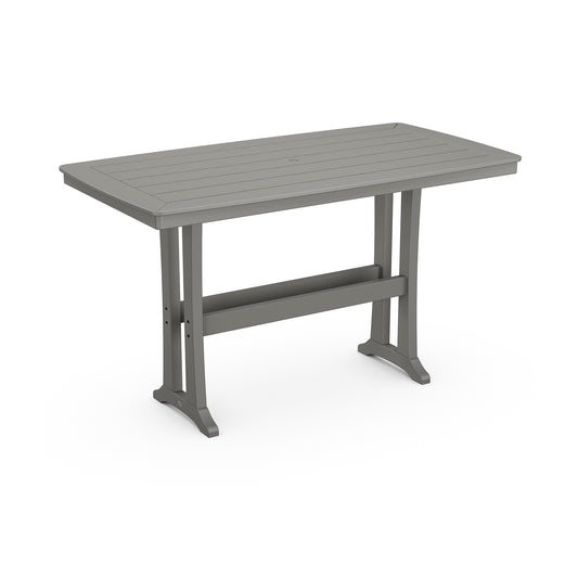 A digital rendering of a modern, height-adjustable desk with a rectangular gray top made of POLYWOOD® lumber and a metallic frame, shown on a white background.