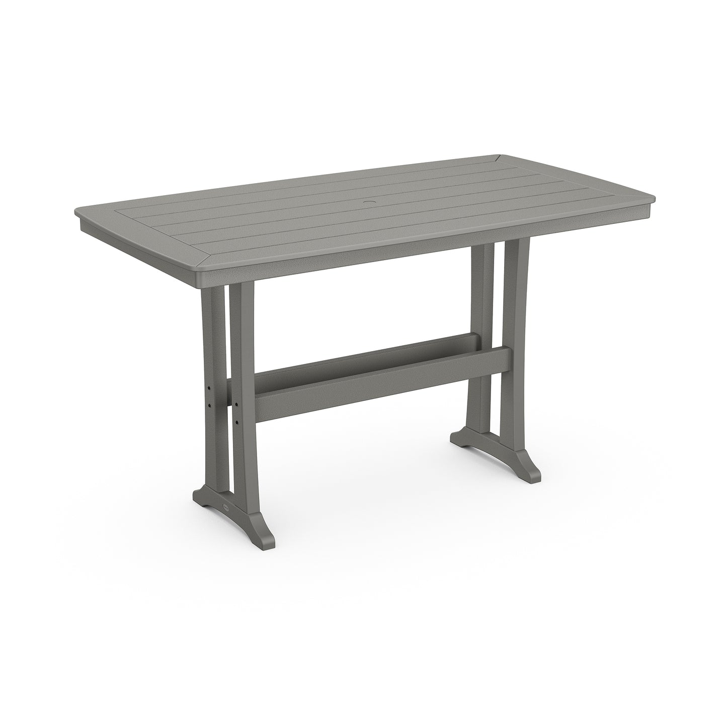 Eco-friendly POLYWOOD Nautical Trestle 38"x73" Bar Table with slatted top in gray, perfect for outdoor entertaining.