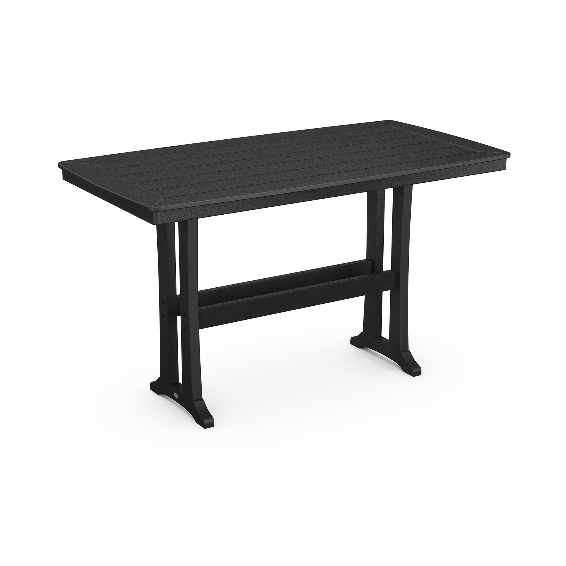 Black POLYWOOD Nautical Trestle Bar Table with slatted top, perfect for eco-friendly bar-height outdoor dining.