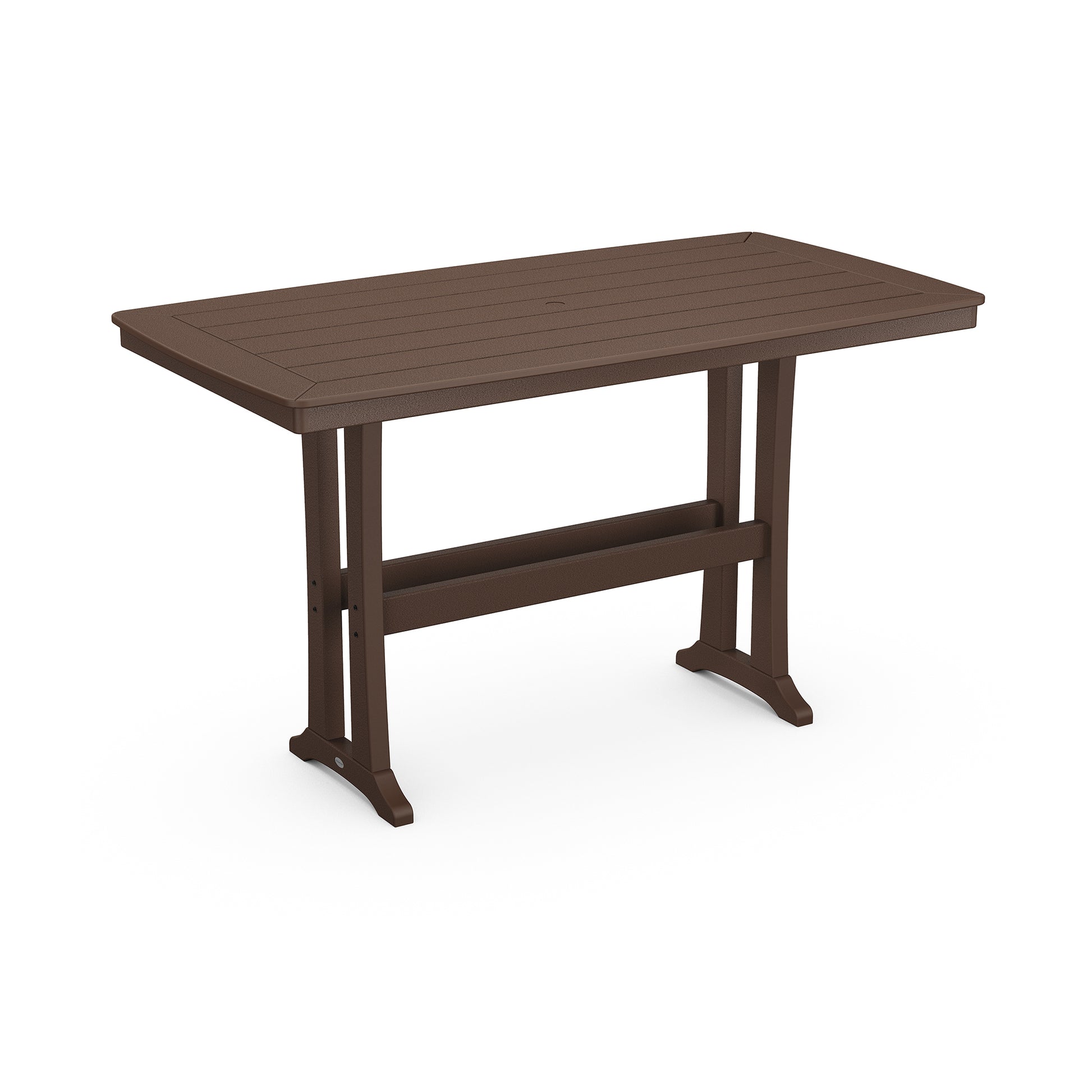 A 3D rendering of a POLYWOOD Nautical Trestle 38" x 73" Bar Table made from POLYWOOD® lumber, with a plank-style top and X-shaped legs on each end, set against a white background