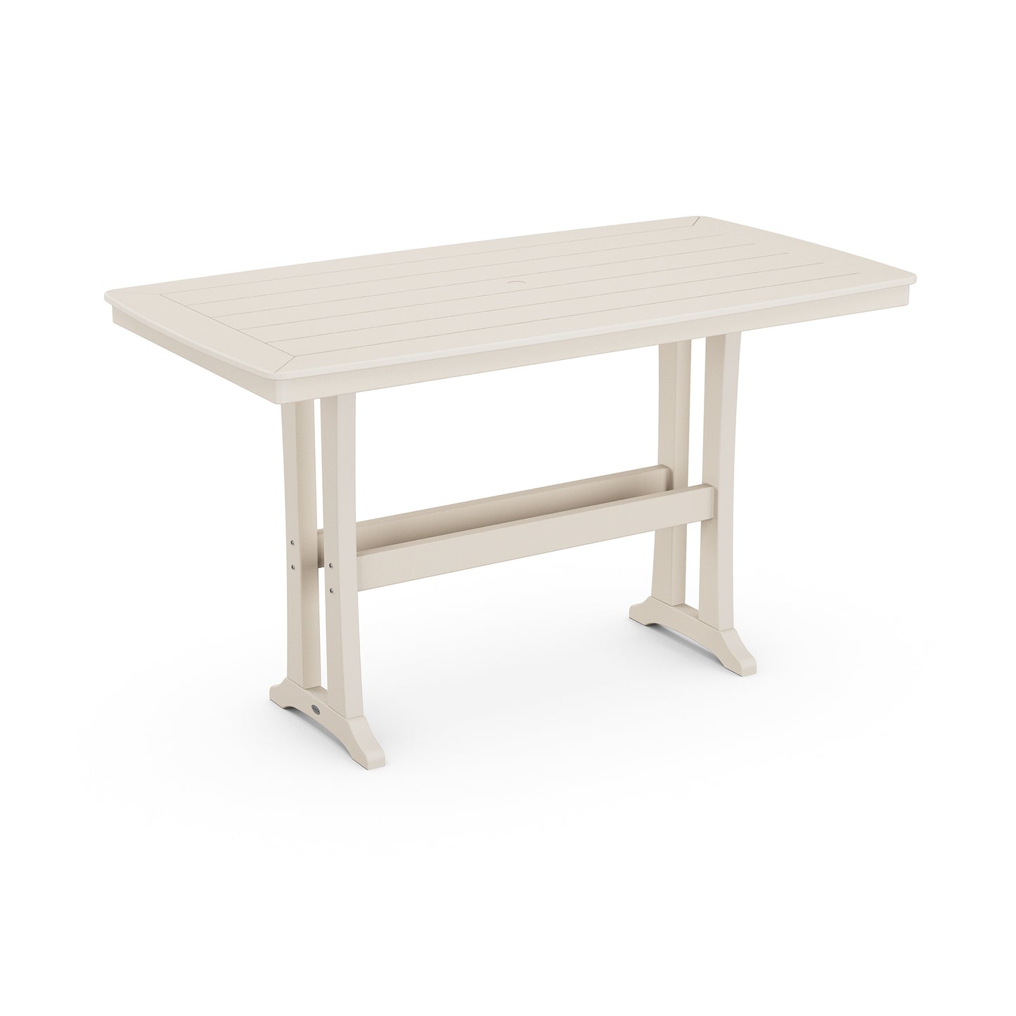 POLYWOOD Nautical Trestle 38" x 73" Bar Table, rectangular beige outdoor table with sturdy legs.