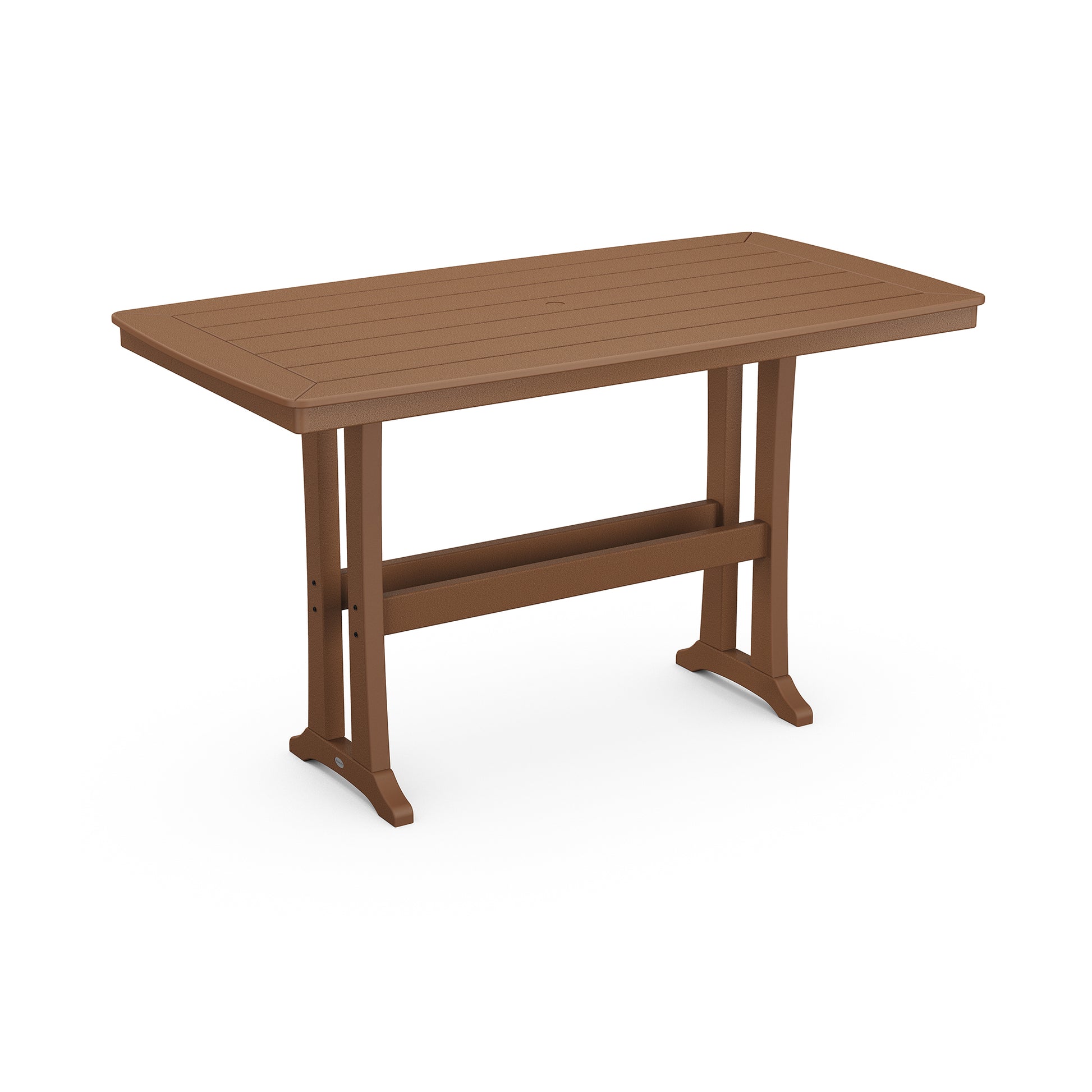 A rectangular, brown POLYWOOD Nautical Trestle 38" x 73" Bar Table with a slatted top and metal legs on a white background.