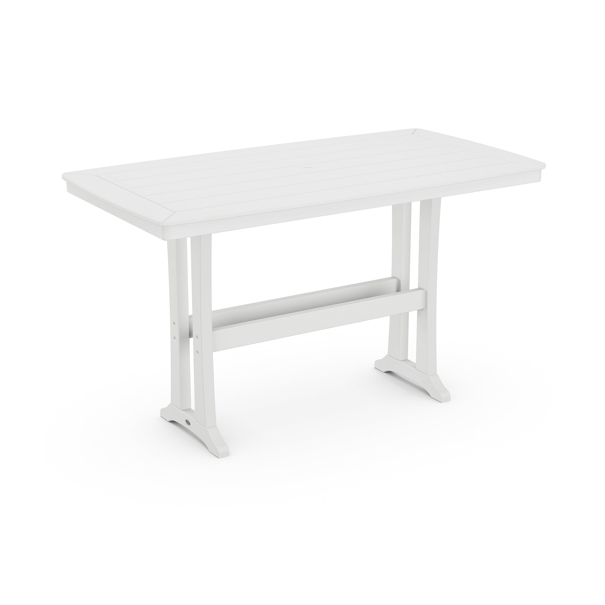 A simplistic white POLYWOOD Nautical Trestle 38" x 73" Bar Table crafted with eco-friendly POLYWOOD® lumber, featuring an adjustable height mechanism, set on a solid white background. The desk includes a horizontal footrest and stable base.