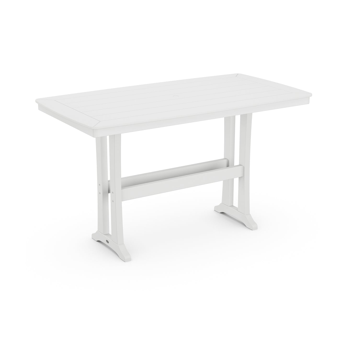 White rectangular POLYWOOD Nautical Trestle Bar Table with slatted top design suitable for indoor and outdoor settings.
