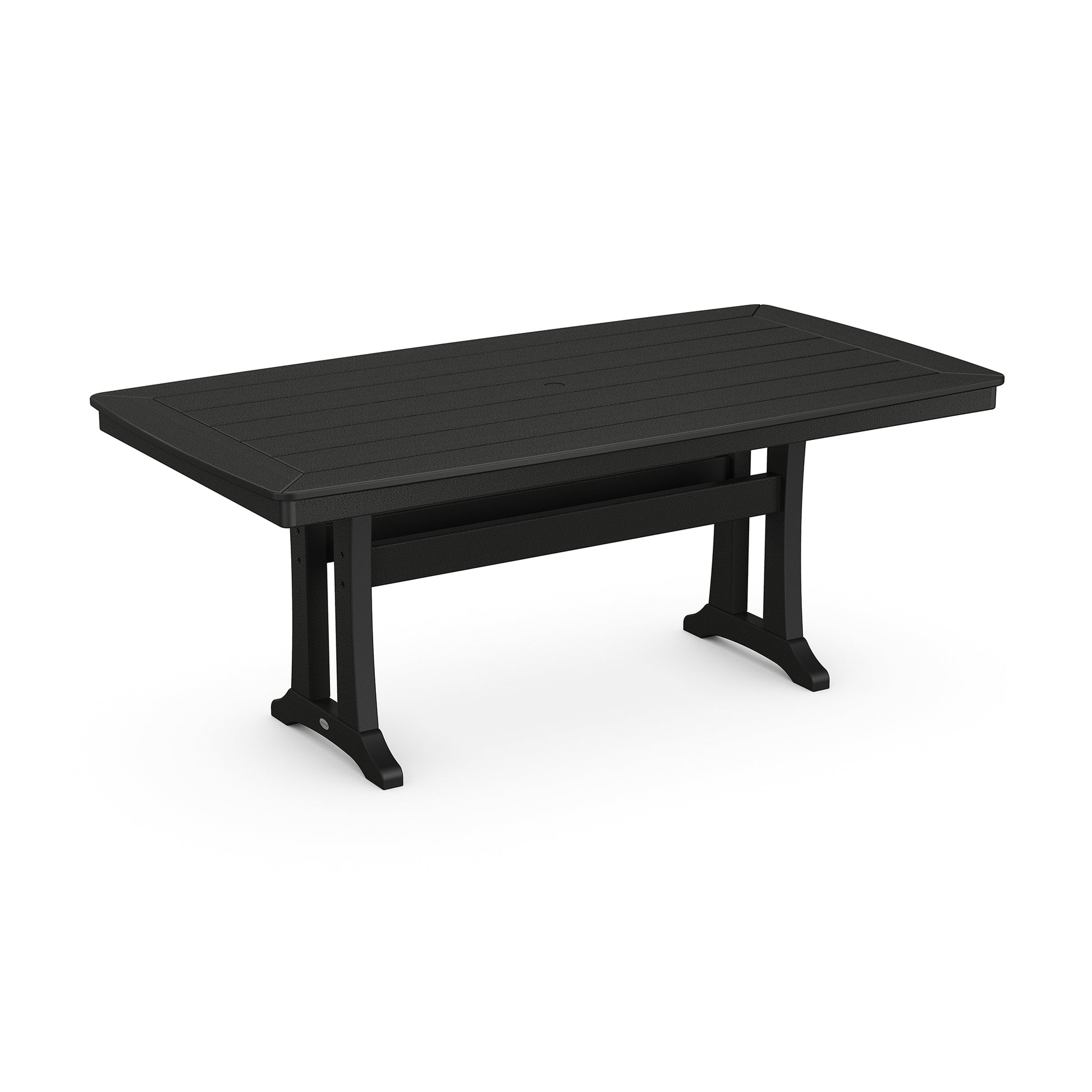 Black weather-resistant POLYWOOD Nautical Trestle dining table with slatted top and sturdy legs, measuring 38" x 73".