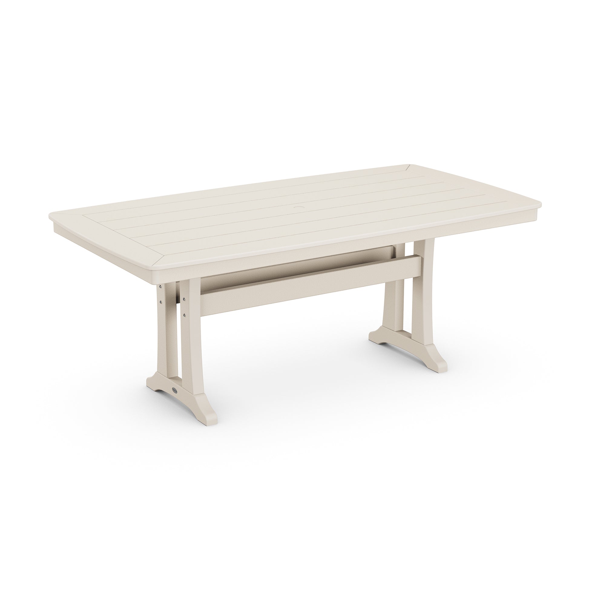 Light beige POLYWOOD nautical trestle dining table featuring a slatted top and sturdy legs.