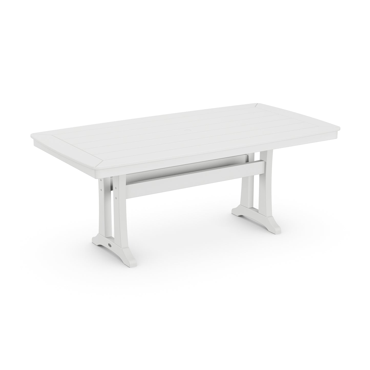 A modern white adjustable-height POLYWOOD Nautical Trestle 38" x 73" Dining Table isolated on a plain white background, featuring a rectangular top and sturdy metal legs.