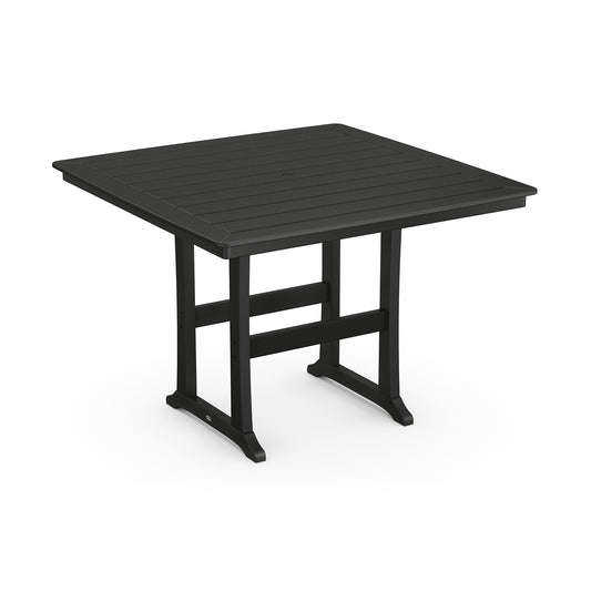 A black square POLYWOOD® Nautical Trestle 59" Bar Table with a slatted top and sturdy legs, isolated on a white background.