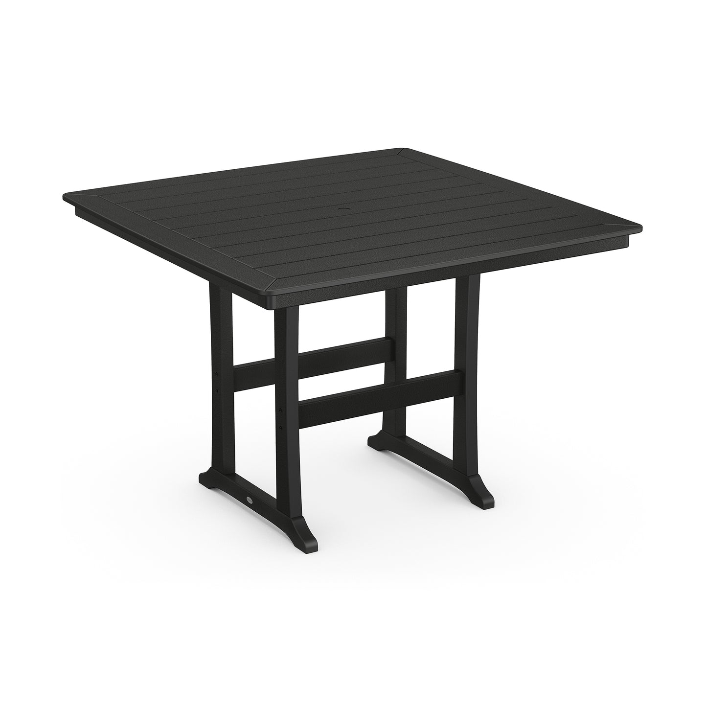 Black square POLYWOOD Nautical Trestle 59" Bar Table featuring a slatted top and four sturdy legs.