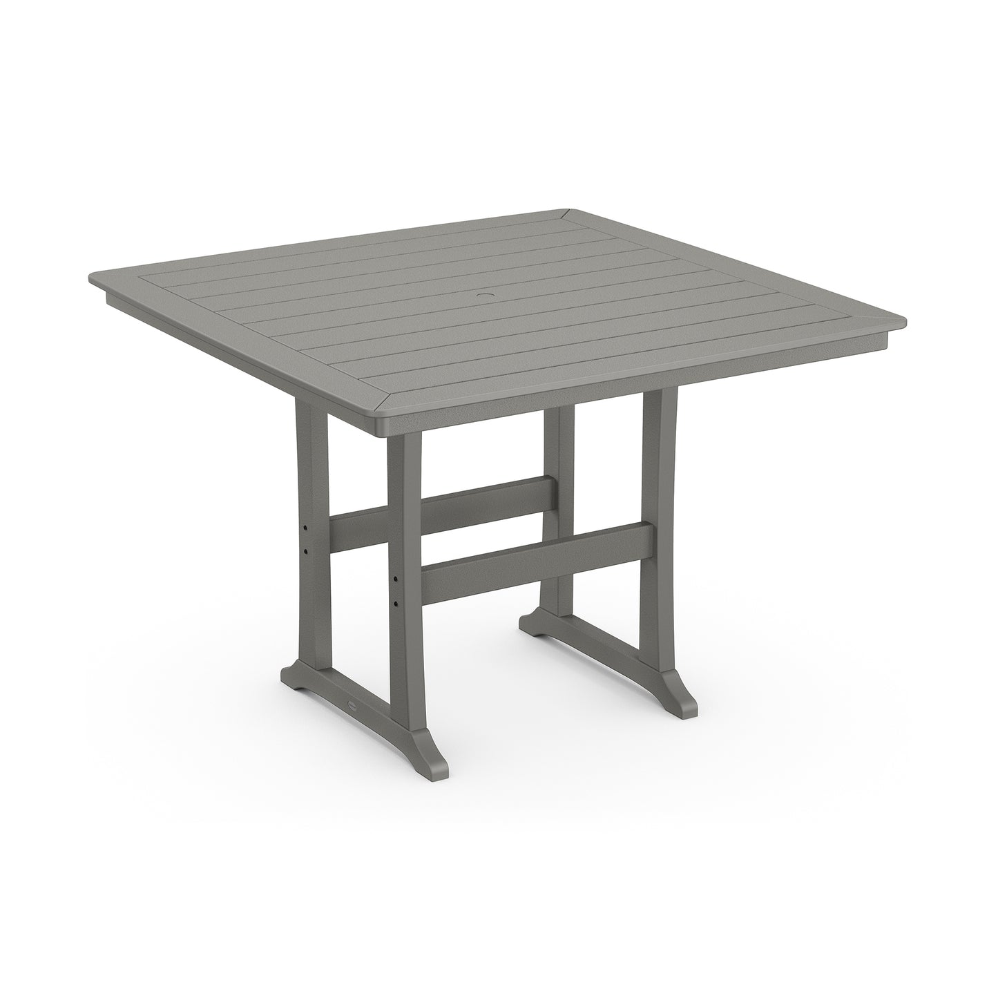 A square, gray, POLYWOOD® Nautical Trestle 59" Bar Table with slatted top and sturdy legs, isolated on a white background.