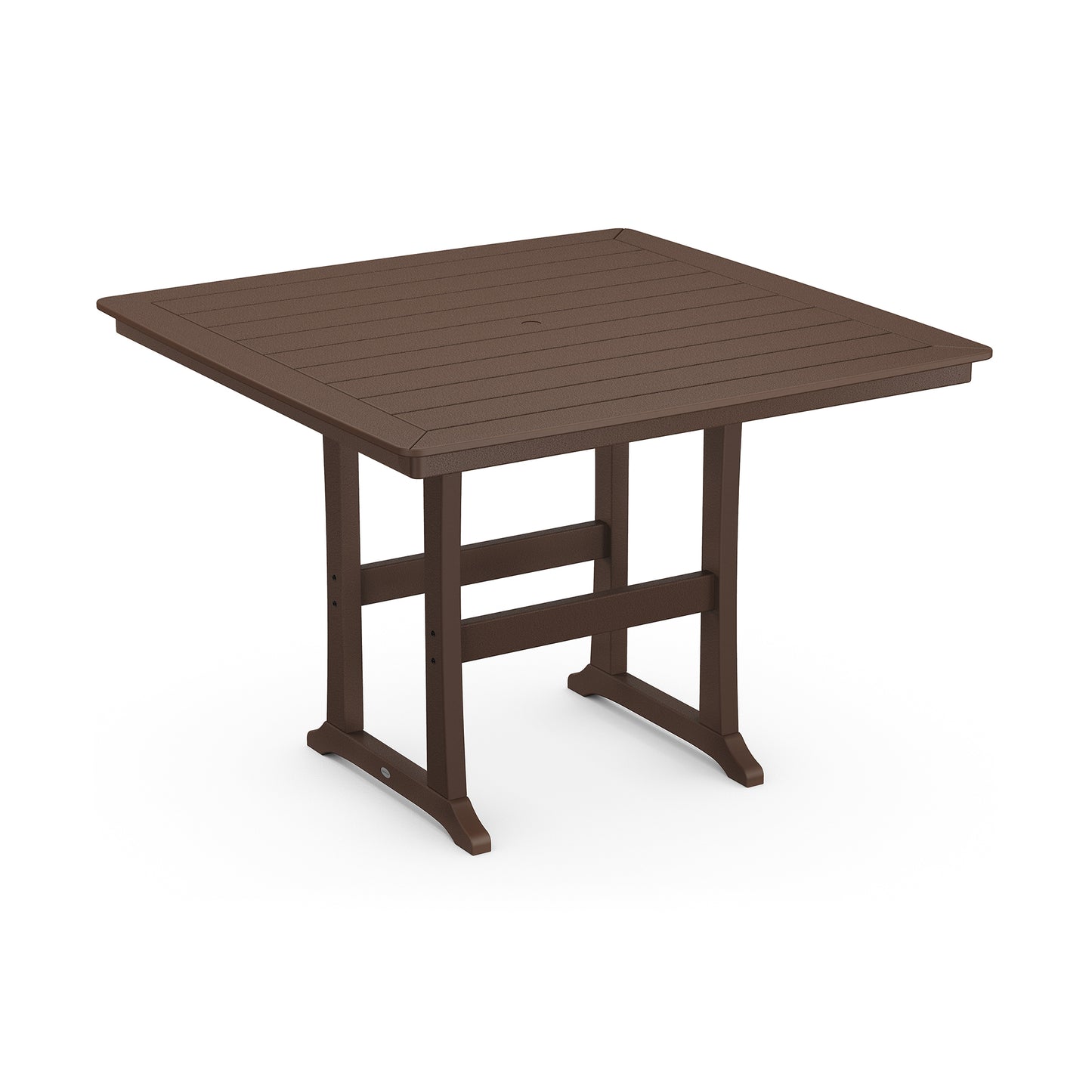 A square brown outdoor dining table made of ultra-durable POLYWOOD® material, set on a plain white background. The POLYWOOD Nautical Trestle 59" Bar Table features a slatted top and sturdy legs.