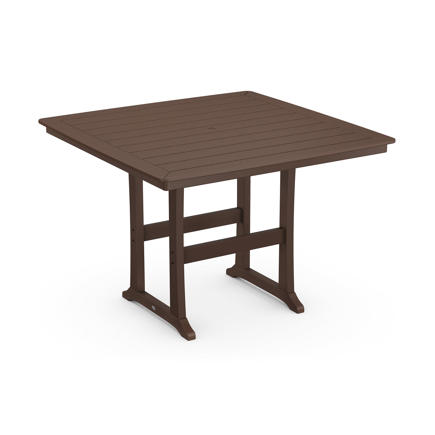 Brown POLYWOOD Nautical Trestle 59-inch Bar Table with slatted rectangular top and four sturdy legs.