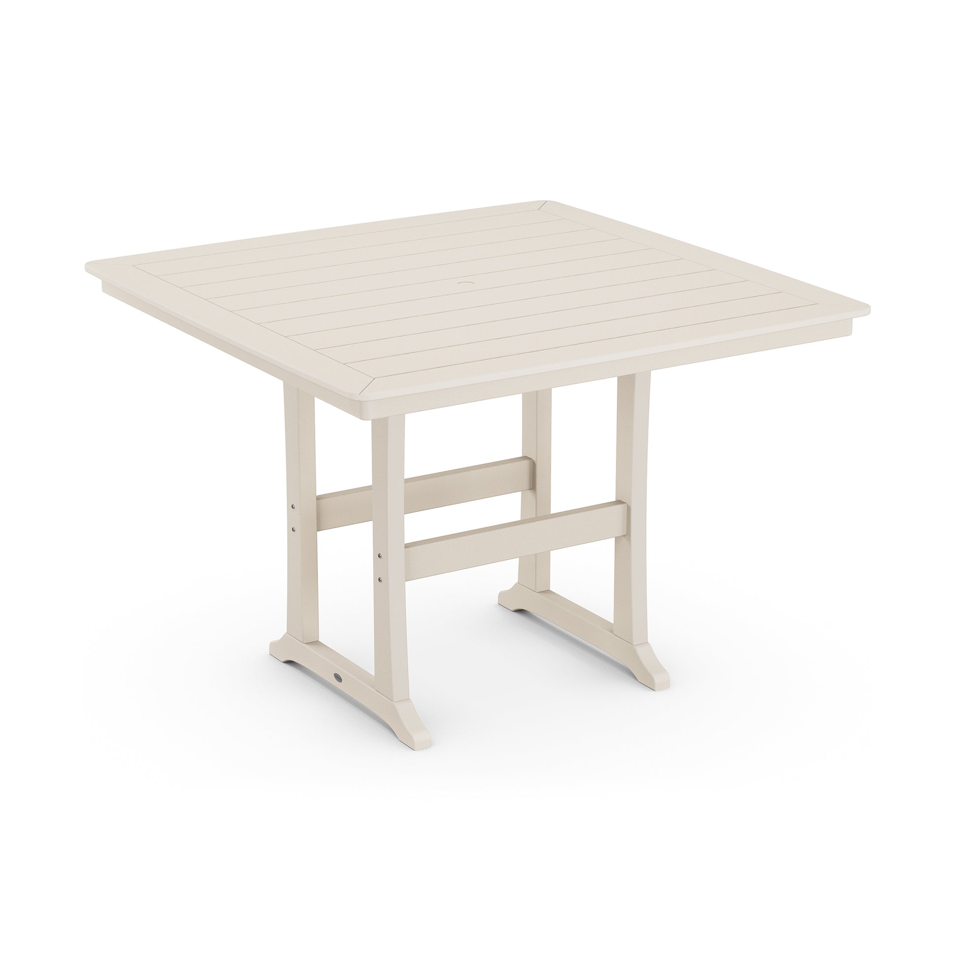 A simple cream-colored square ultra-durable outdoor POLYWOOD Nautical Trestle 59" Bar Table with plank-style top and a sturdy rectangular base, isolated on a white background.
