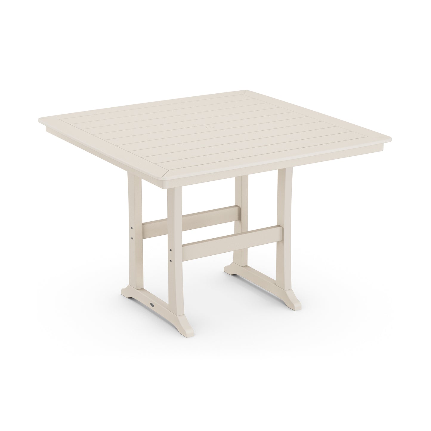 POLYWOOD Nautical Trestle 59" Bar Table with square beige slatted top and sturdy legs for outdoor dining.