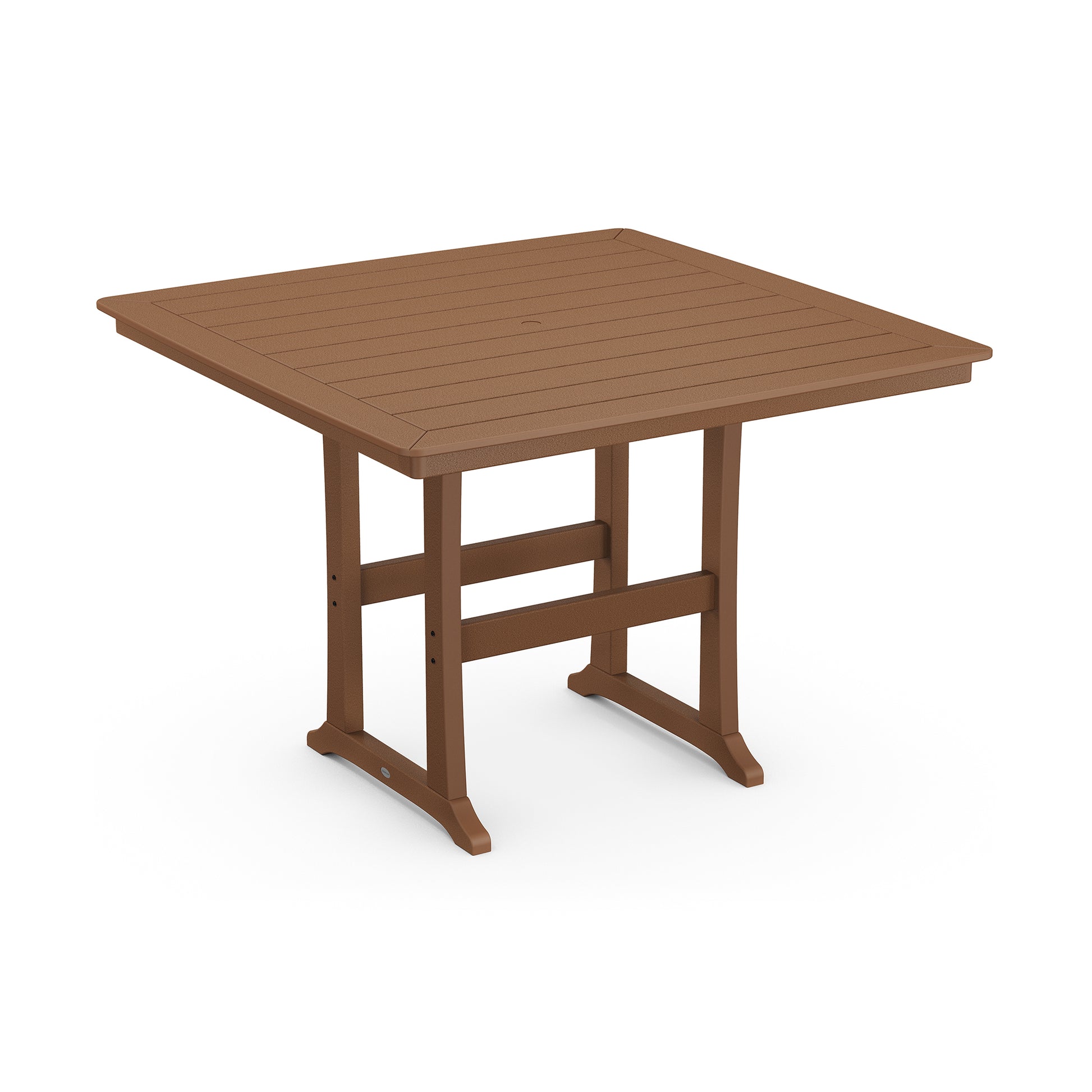 An ultra-durable POLYWOOD Nautical Trestle 59" Bar Table made of synthetic wood, featuring a simple, sturdy design with four solid legs and slatted top, shown on a plain white background.