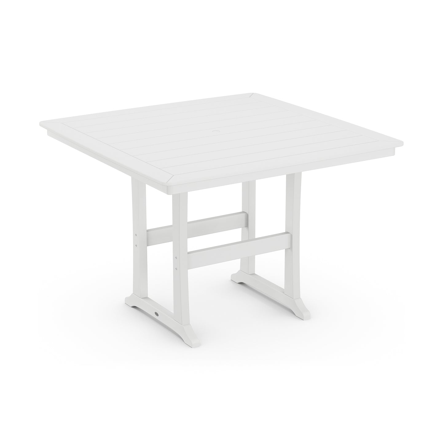 White square POLYWOOD Nautical Trestle 59" Bar Table with slatted top and sturdy legs.