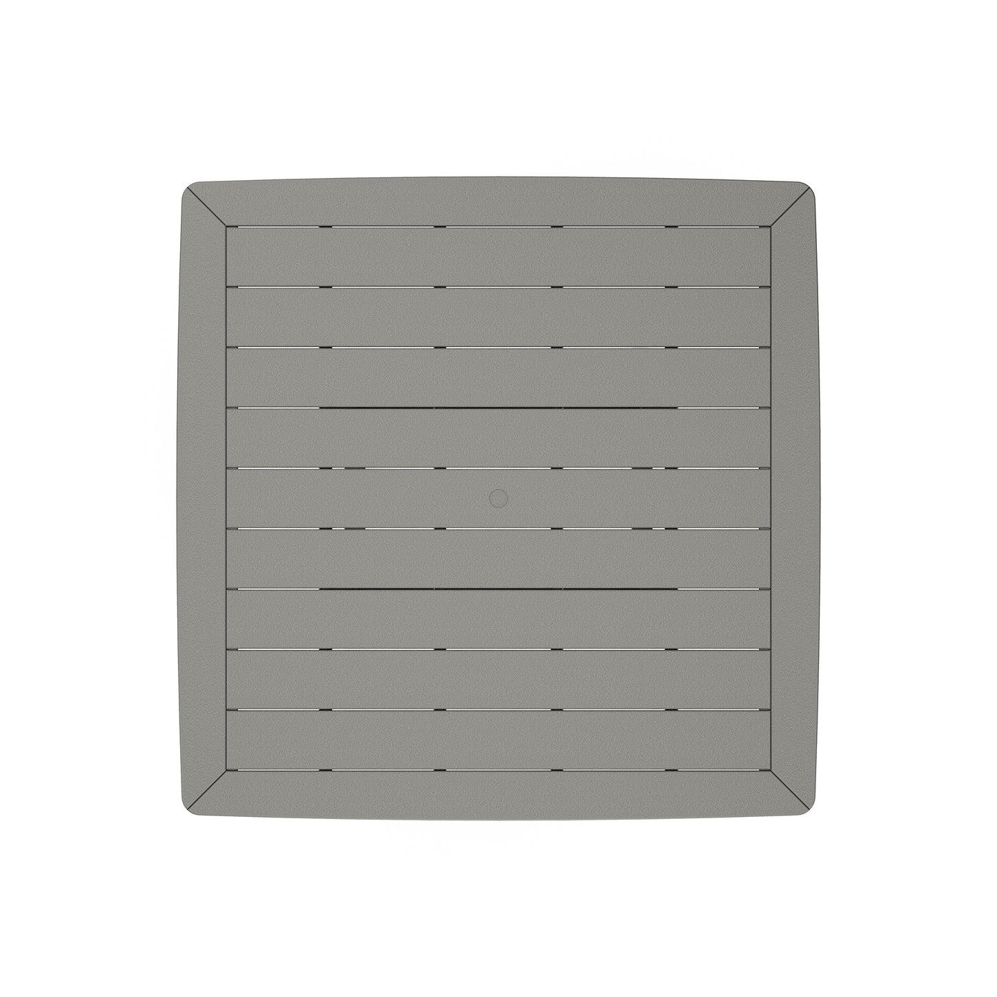 Top-down view of the POLYWOOD Nautical Trestle 59" gray table featuring slatted design and umbrella hole.