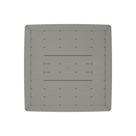 Top-down view of the POLYWOOD Nautical Trestle 59" gray table featuring slatted design and umbrella hole.