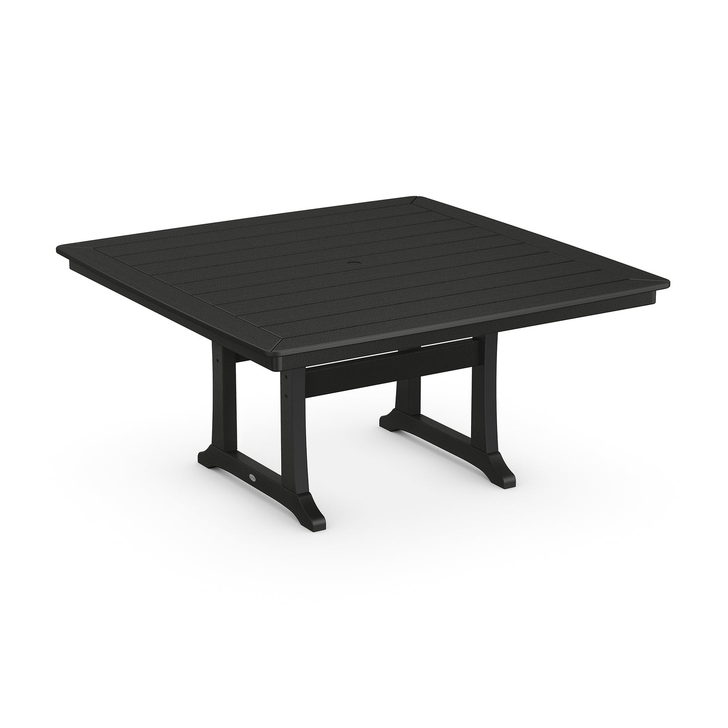 Black square POLYWOOD Nautical Trestle 59" Dining Table featuring a slatted top and robust legs.