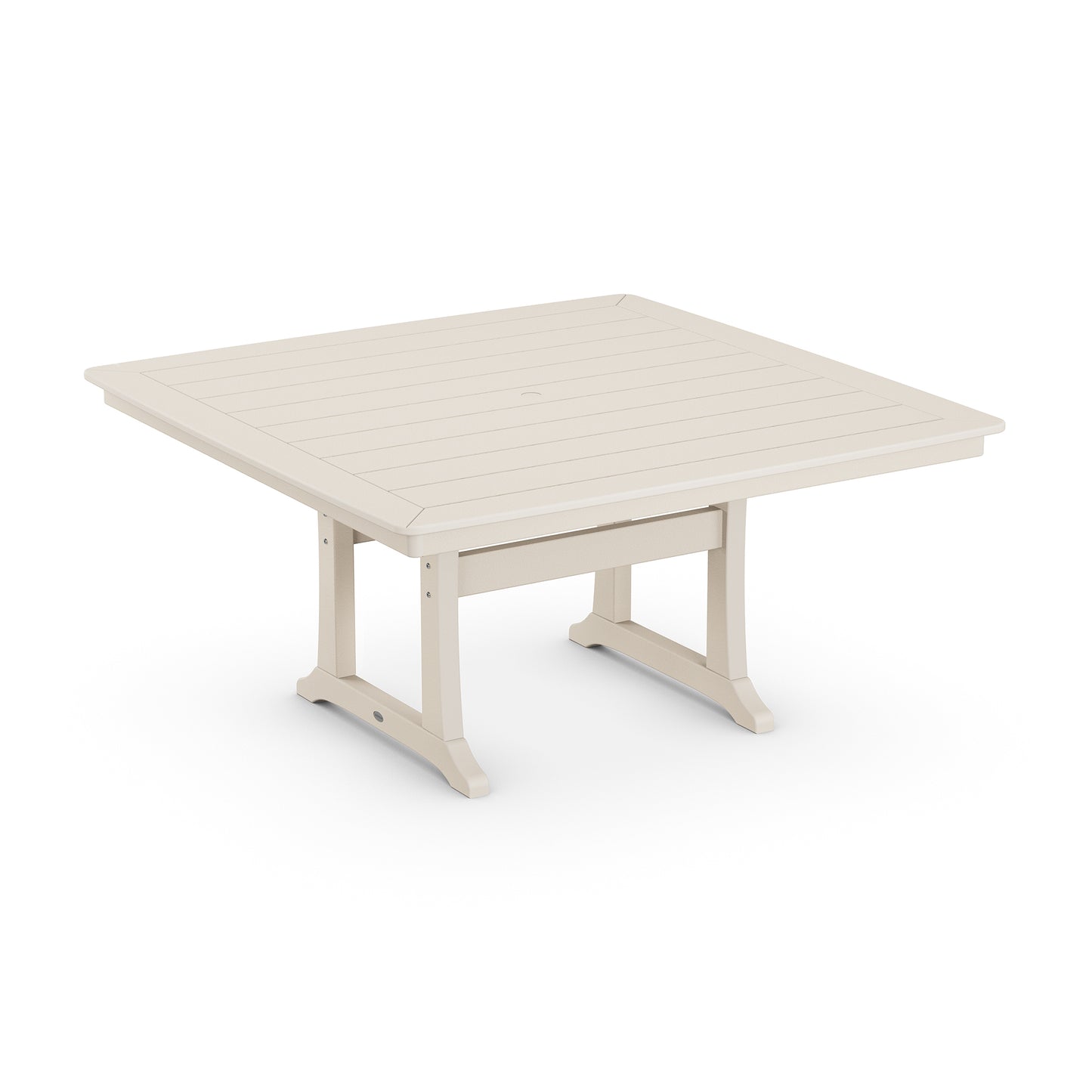 Light-colored POLYWOOD Nautical Trestle 59" Dining Table featuring a slatted top and sturdy legs.