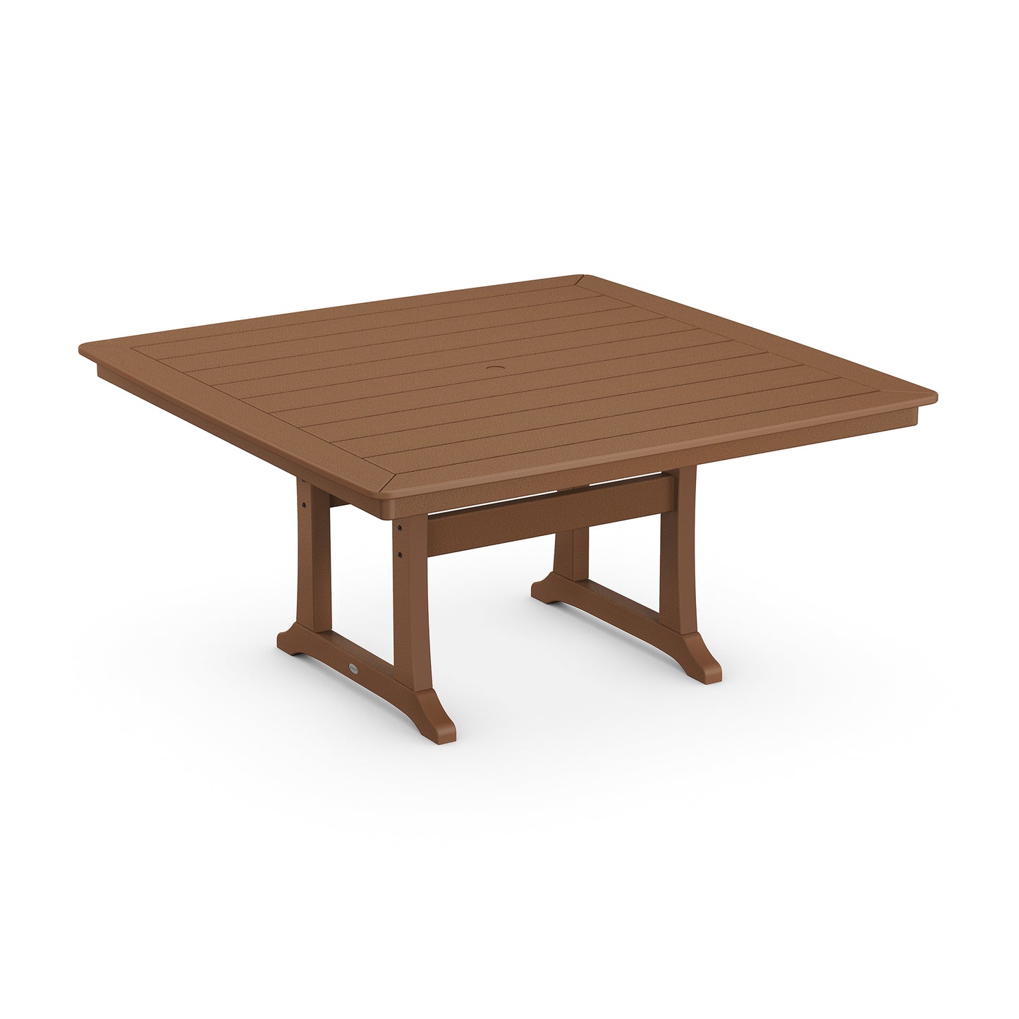 Brown POLYWOOD Nautical Trestle 59" Dining Table featuring a slatted top and robust legs, ideal for modern outdoor dining.