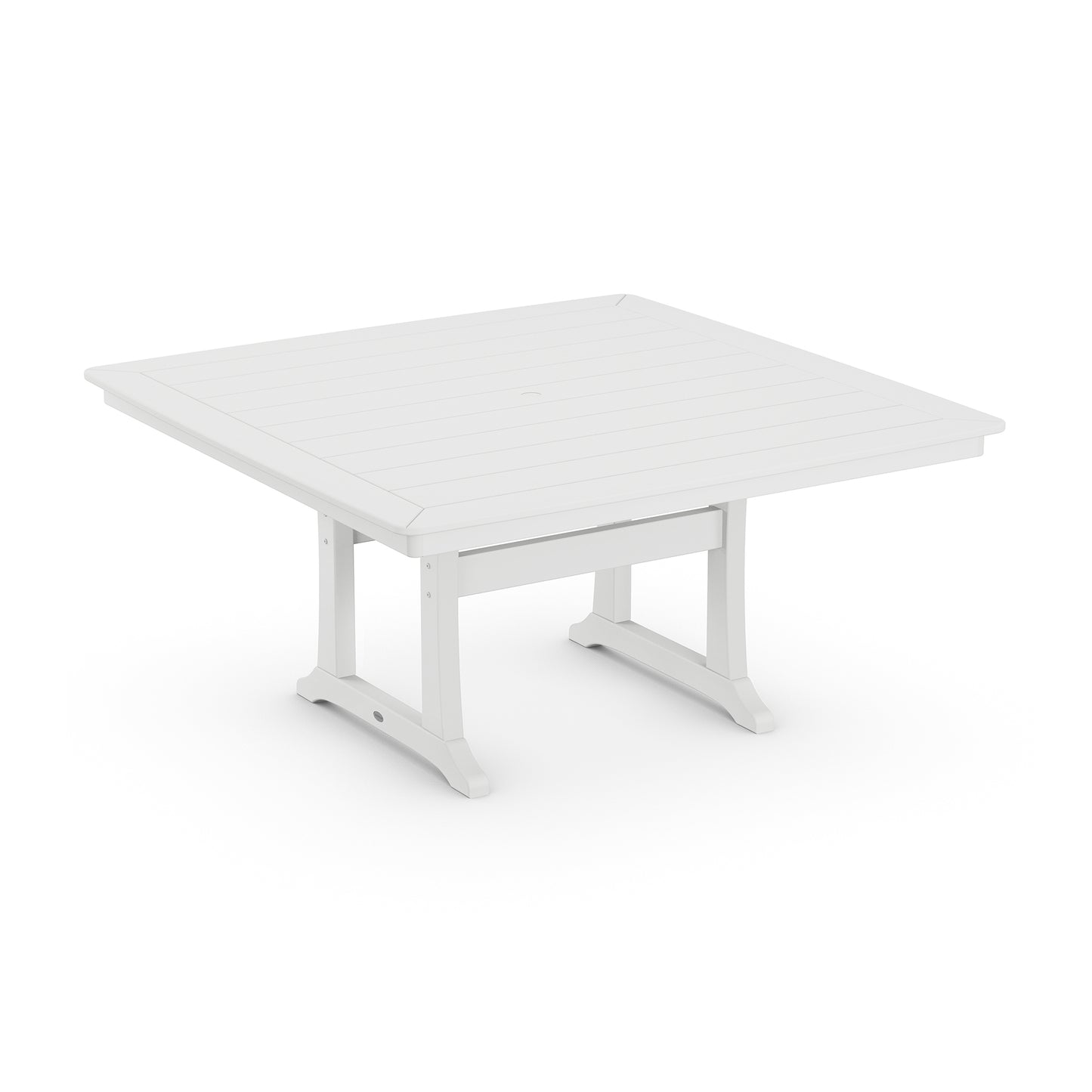 Modern white slatted POLYWOOD Nautical Trestle 59" Dining Table with a sturdy base, perfect for outdoor dining.