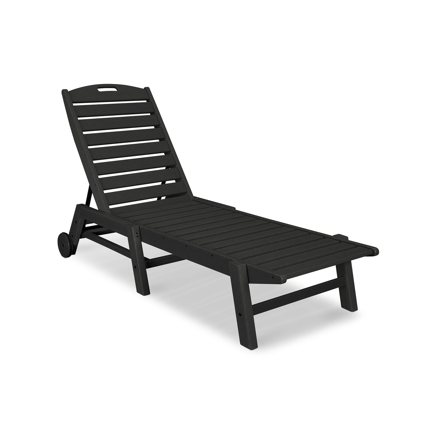 Black POLYWOOD Nautical Wheeled Chaise with slatted design, reclined backrest, and two wheels for mobility.