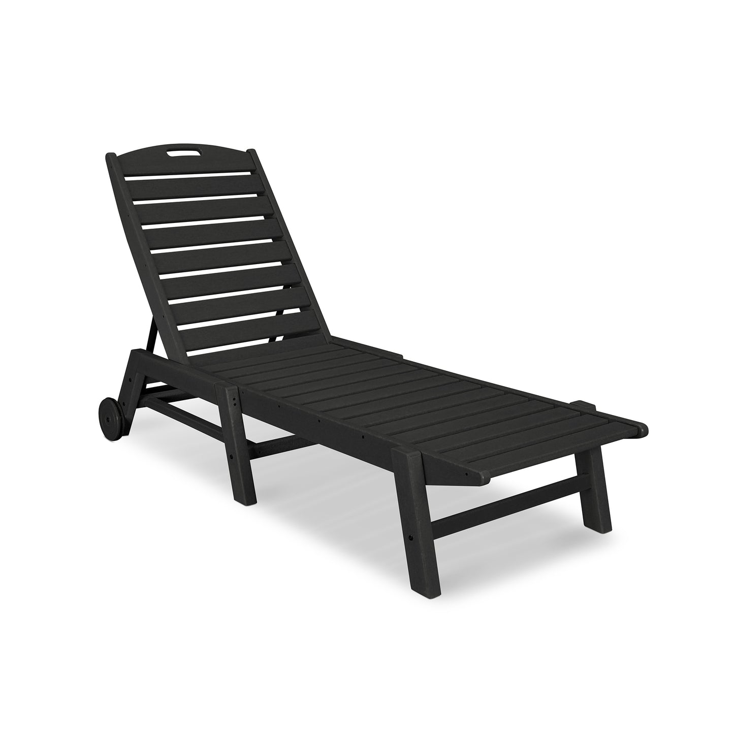 A black, eco-friendly POLYWOOD Nautical Wheeled Chaise - Stackable lounge chair with a reclining back and two small wheels on the rear, positioned on a white background.
