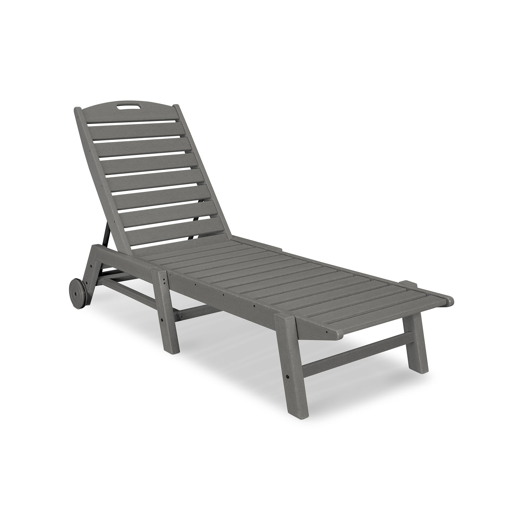 Gray POLYWOOD Nautical Wheeled Chaise, adjustable and stackable outdoor lounge chair with wheels for easy mobility.