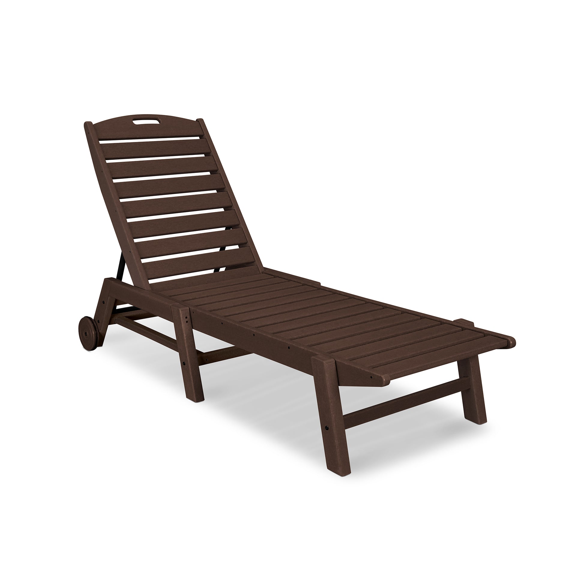 A brown POLYWOOD Nautical Wheeled Chaise - Stackable lounge chair with adjustable backrest and wheels, isolated on a white background.