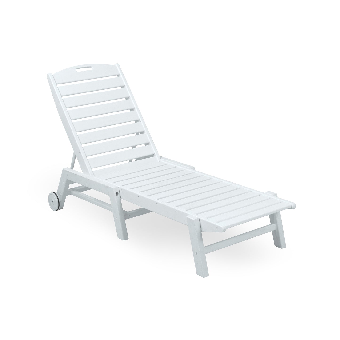 Eco-friendly POLYWOOD Nautical Wheeled Chaise, stackable white wooden lounge chair with adjustable backrest.