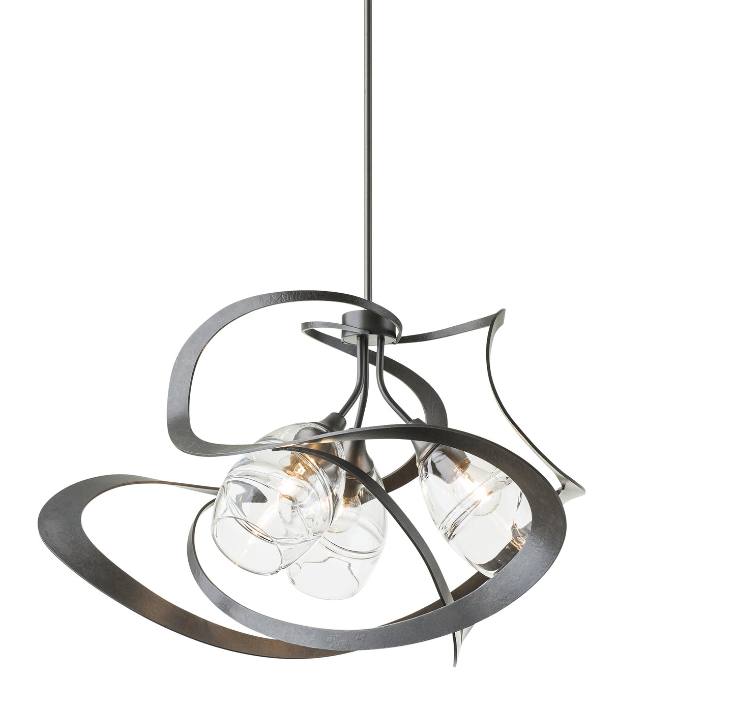 Handcrafted Hubbardton Forge Nest Pendant with intertwined metal loops and three bulbs in clear glass shades.