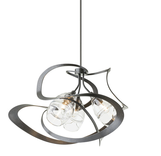 Handcrafted Hubbardton Forge Nest Pendant with intertwined metal loops and three bulbs in clear glass shades.