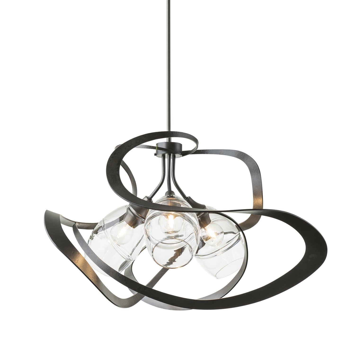 Handcrafted Hubbardton Forge Nest Pendant featuring abstract black metal swirls and multiple glass bulbs on a single rod, showcasing modern design elements.