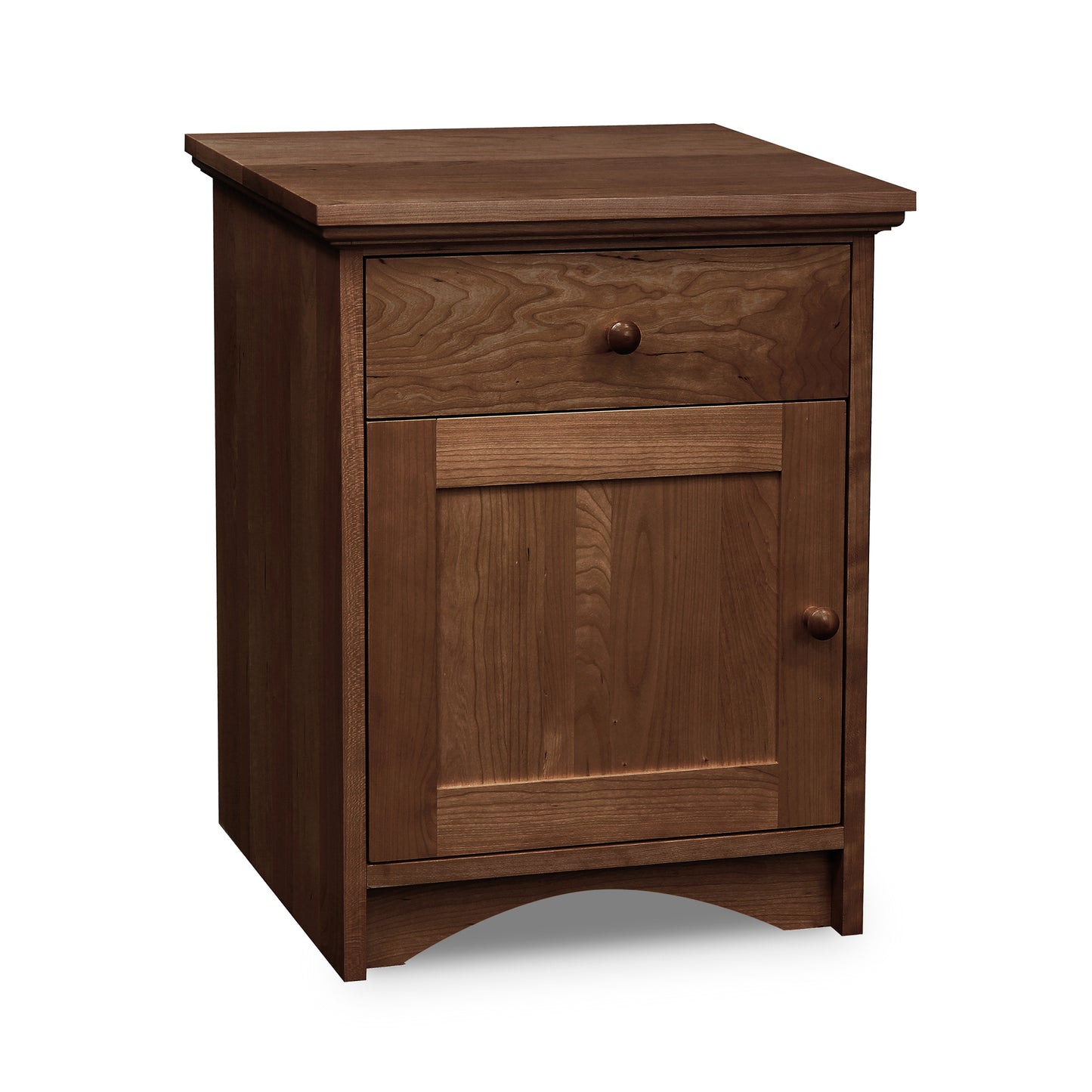 Lyndon Furniture New England Shaker 1-Drawer Nightstand with cabinet door, arched base, and round wooden knobs in solid wood craftsmanship.